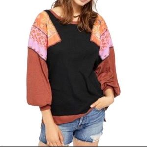 FREE PEOPLE WE THE FREE FEELIN IT BOHO BLACK TOP WITH PATCHWORK ACCENT SLEEVES